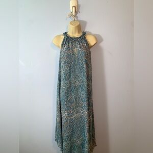Ramy brook Blue Paisley Halter Dress curve hem long sz small chiffon ruffle neck